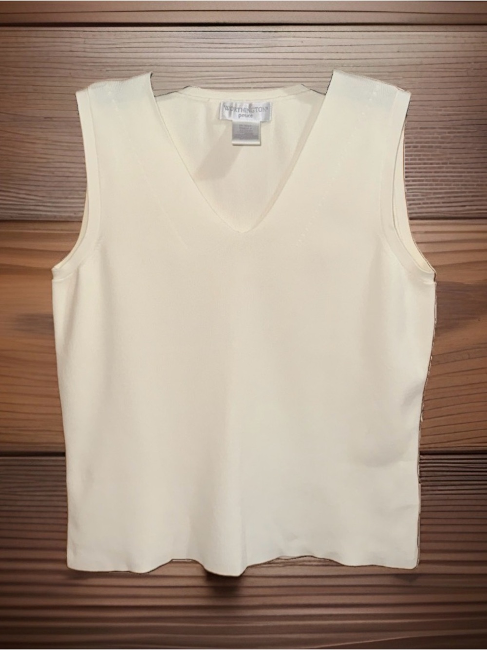 Worthington Petites Cream V-Neck Sleeveless Ribbed Top-S-EC